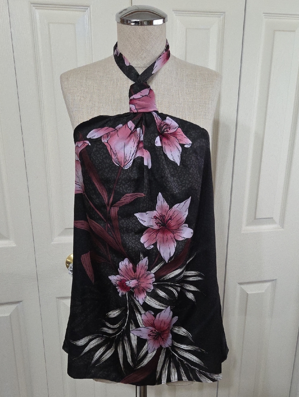 White House Black Market. Black Halter Floral Tunic with Pink Lilies